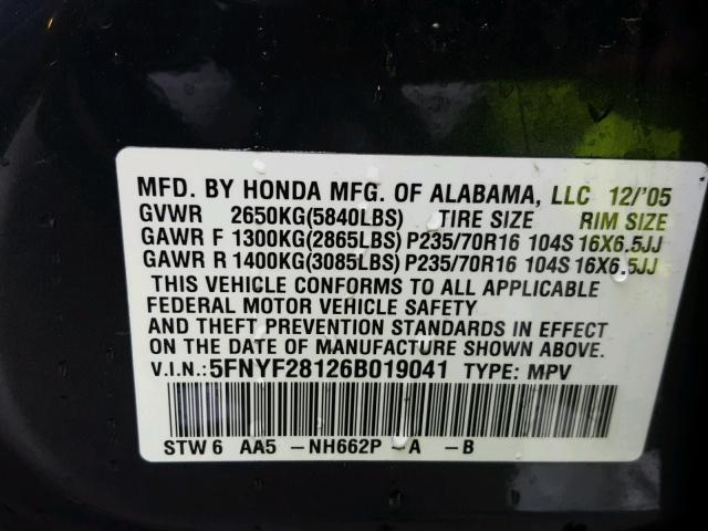 5FNYF28126B019041 - 2006 HONDA PILOT LX GRAY photo 10