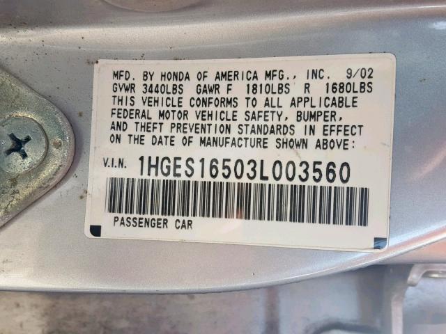 1HGES16503L003560 - 2003 HONDA CIVIC LX SILVER photo 10