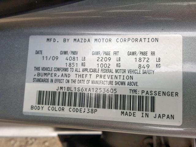 JM1BL1S6XA1253605 - 2010 MAZDA 3 S GRAY photo 10