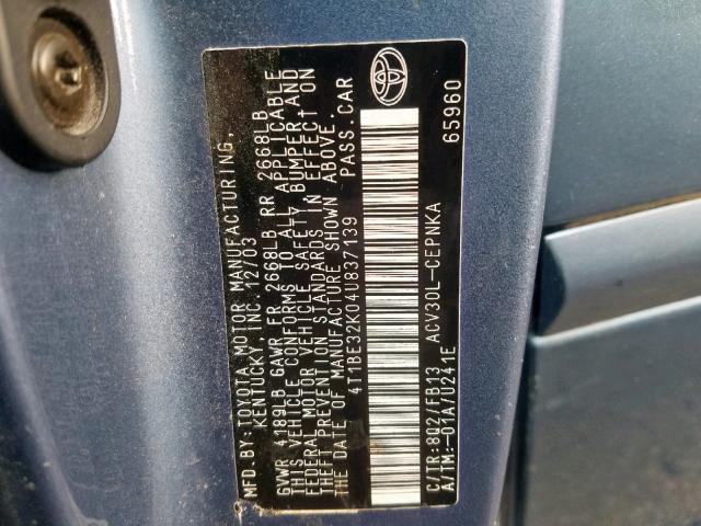 4T1BE32K04U837139 - 2004 TOYOTA CAMRY LE BLUE photo 10