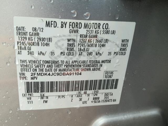 2FMDK4JC9DBA91104 - 2013 FORD EDGE SEL SILVER photo 10