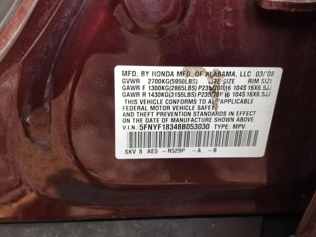 5FNYF18348B053030 - 2008 HONDA PILOT SE BURGUNDY photo 10