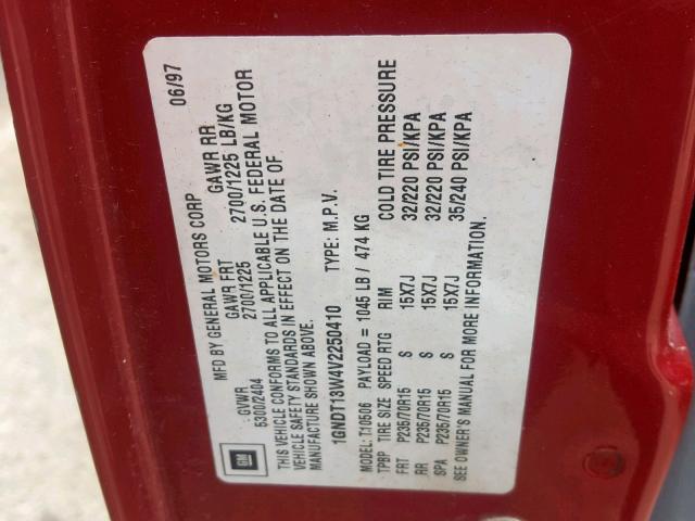 1GNDT13W4V2250410 - 1997 CHEVROLET BLAZER BURGUNDY photo 10