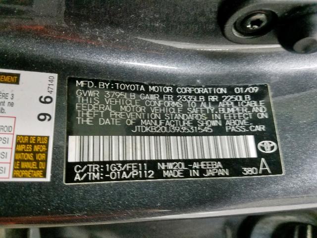 JTDKB20U393531545 - 2009 TOYOTA PRIUS GRAY photo 10