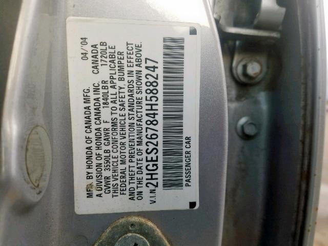 2HGES26784H588247 - 2004 HONDA CIVIC EX SILVER photo 10