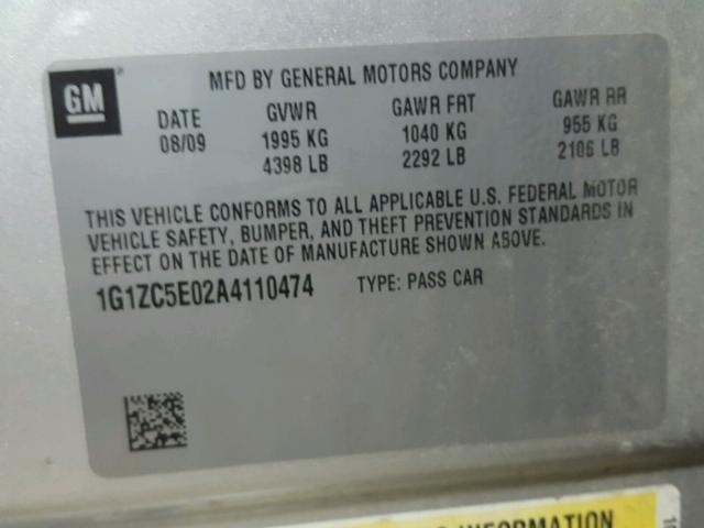 1G1ZC5E02A4110474 - 2010 CHEVROLET MALIBU 1LT SILVER photo 10