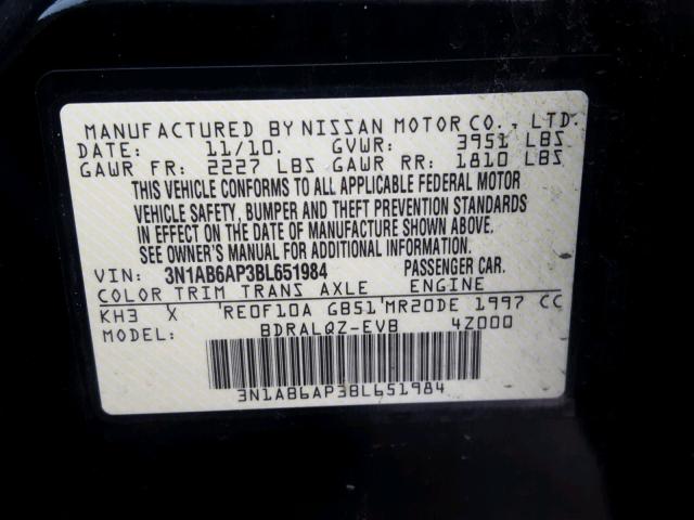 3N1AB6AP3BL651984 - 2011 NISSAN SENTRA 2.0 BLACK photo 10