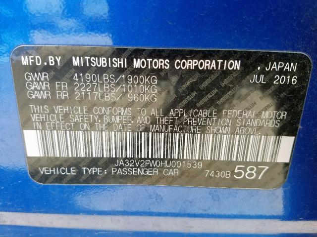 JA32V2FW0HU001539 - 2017 MITSUBISHI LANCER ES BLUE photo 10