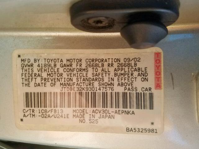 JTDBE32K930147576 - 2003 TOYOTA CAMRY LE SILVER photo 10