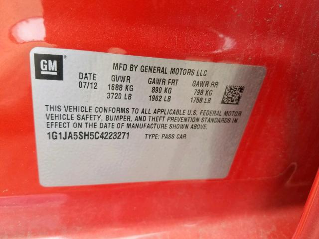 1G1JA5SH5C4223271 - 2012 CHEVROLET SONIC LS ORANGE photo 10