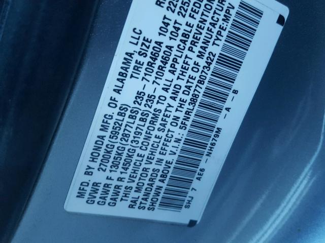 5FNRL38877B073422 - 2007 HONDA ODYSSEY TO BLUE photo 10