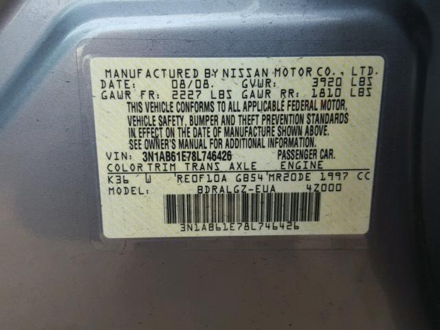 3N1AB61E78L746426 - 2008 NISSAN SENTRA 2.0 GRAY photo 10