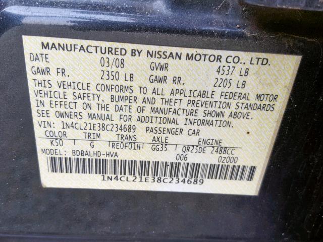 1N4CL21E38C234689 - 2008 NISSAN ALTIMA HYB CHARCOAL photo 10