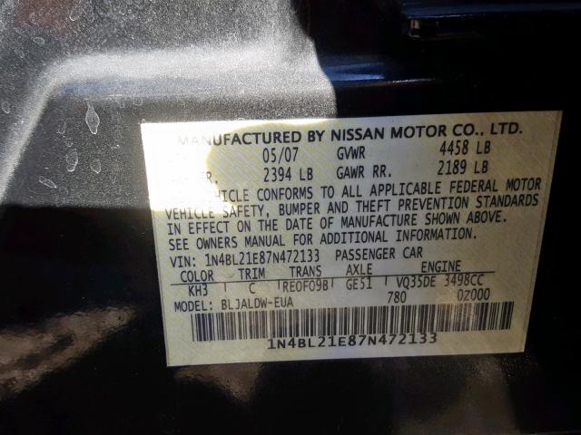 1N4BL21E87N472133 - 2007 NISSAN ALTIMA 3.5 BLACK photo 10