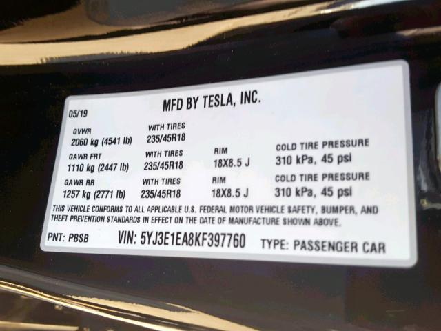 5YJ3E1EA8KF397760 - 2019 TESLA MODEL 3 BLACK photo 10