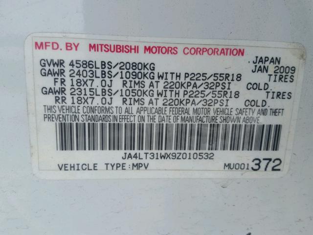 JA4LT31WX9Z010532 - 2009 MITSUBISHI OUTLANDER WHITE photo 10