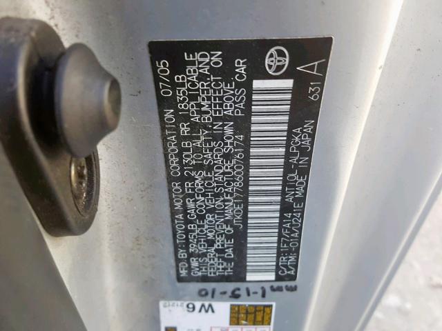 JTKDE177860076174 - 2006 TOYOTA SCION TC ვერცხლისფერი ფოტო 10