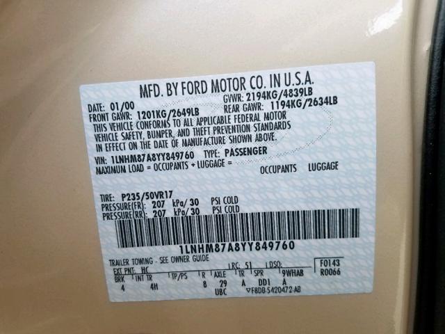 1LNHM87A8YY849760 - 2000 LINCOLN LS 金色 照片 10