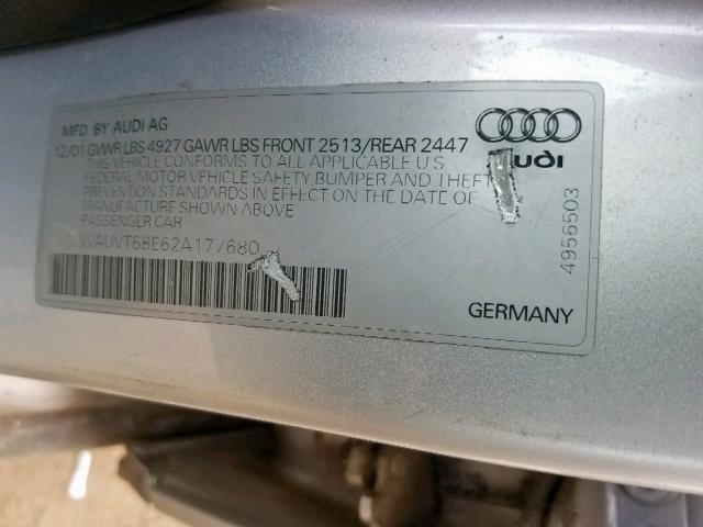 WAUVT68E62A177680 - 2002 AUDI A4 3.0 AVA SILVER photo 10