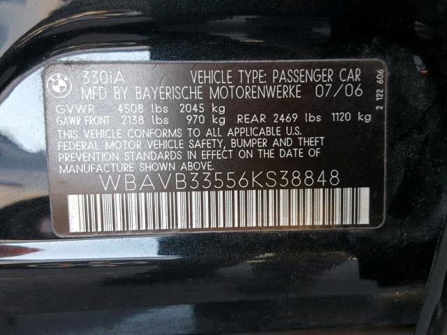 WBAVB33556KS38848 - 2006 BMW 330 I BLACK photo 10