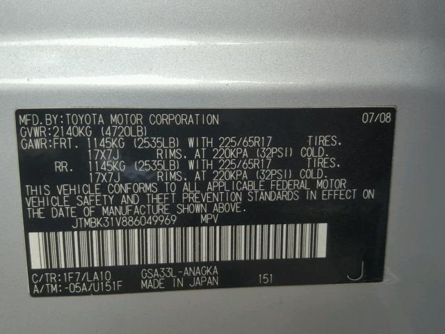 JTMBK31V886049969 - 2008 TOYOTA RAV4 LIMIT SILVER photo 10