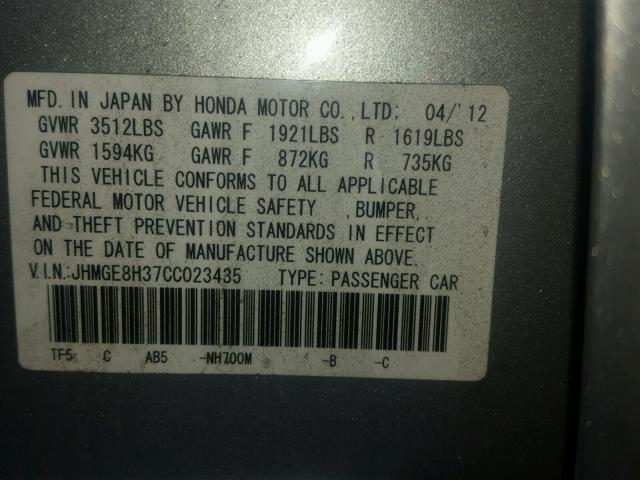 JHMGE8H37CC023435 - 2012 HONDA FIT SILVER photo 10