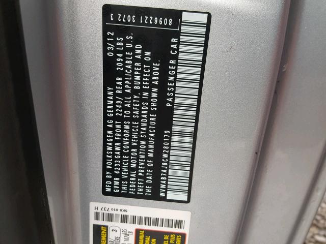 WVWAB7AJ8CW280170 - 2012 VOLKSWAGEN GOLF 银色 照片 10