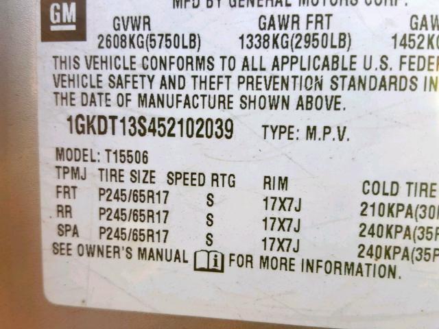 1GKDT13S452102039 - 2005 GMC ENVOY SILVER photo 10