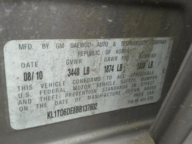 KL1TD6DE8BB137602 - 2011 CHEVROLET AVEO LS GRAY photo 10