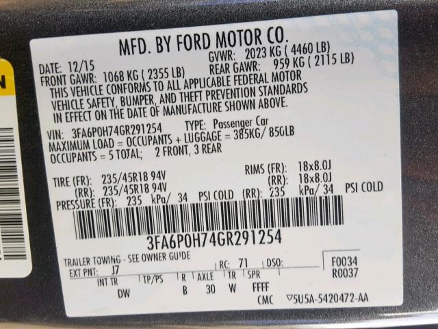 3FA6P0H74GR291254 - 2016 FORD FUSION SE BLACK photo 10