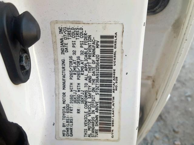 5TDZT38A91S056420 - 2001 TOYOTA SEQUOIA LI WHITE photo 10