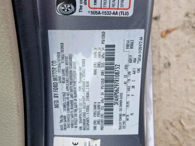 3FAHP06Z97R108752 - 2007 FORD FUSION S GRAY photo 10