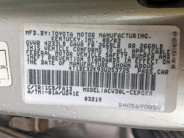 4T1BE32K93U253725 - 2003 TOYOTA CAMRY LE SILVER photo 10