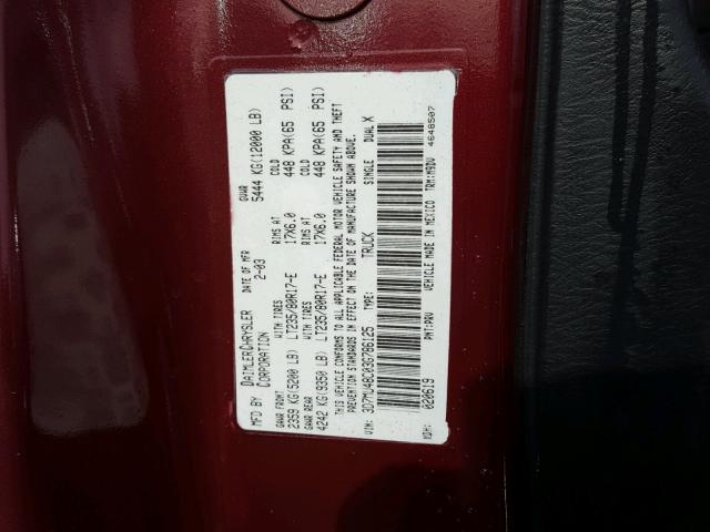 3D7MU48C03G786125 - 2003 DODGE RAM 3500 S MAROON photo 10