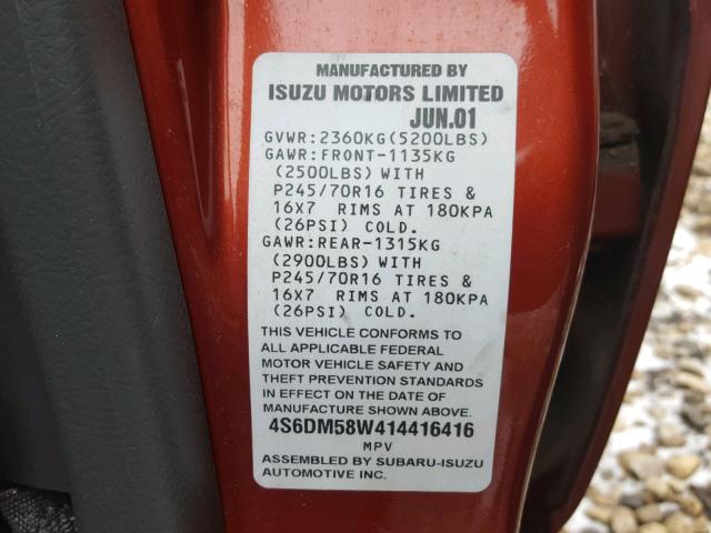 4S6DM58W414416416 - 2001 HONDA PASSPORT E 橙色 照片 10