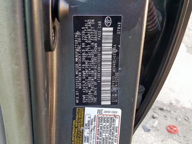 4T4BE46K47R008746 - 2007 TOYOTA CAMRY CE GRAY photo 10