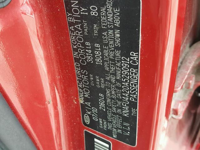 KNAFU4A20A5290912 - 2010 KIA FORTE EX RED photo 10