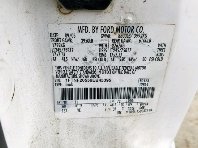 1FTNF20556EB45395 - 2006 FORD F250 SUPER WHITE photo 10