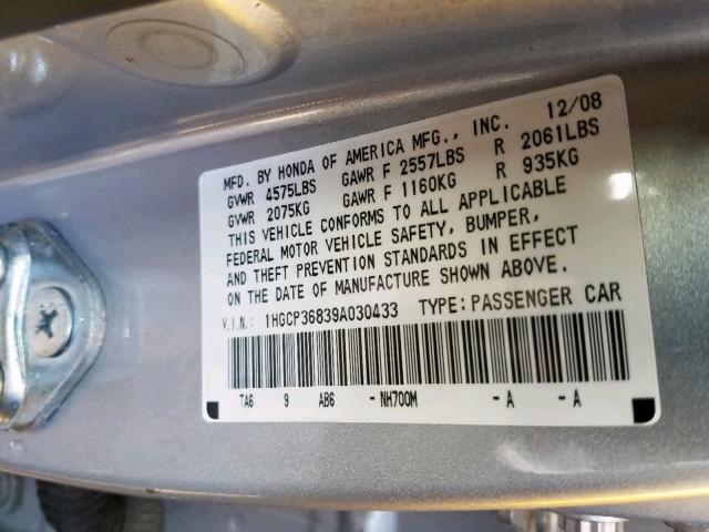 1HGCP36839A030433 - 2009 HONDA ACCORD EXL SILVER photo 10