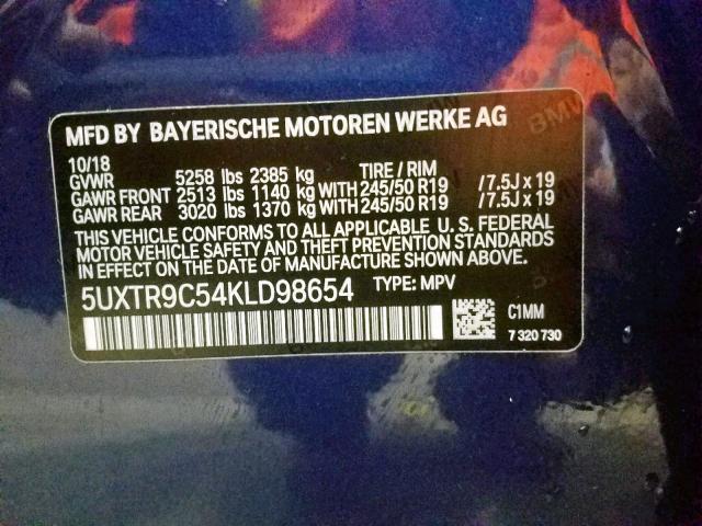 5UXTR9C54KLD98654 - 2019 BMW X3 XDRIVE3 BLUE photo 10