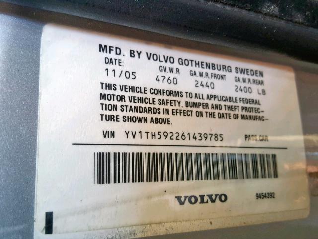 YV1TH592261439785 - 2006 VOLVO S80 2.5T GRAY photo 10