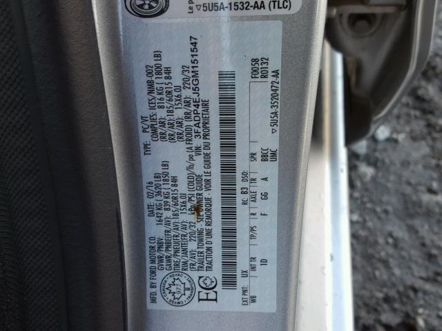 3FADP4EJ5GM151547 - 2016 FORD FIESTA SE SILVER photo 10