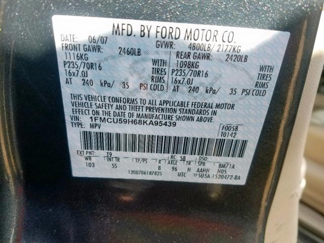 1FMCU59H68KA95439 - 2008 FORD ESCAPE HEV CHARCOAL photo 10