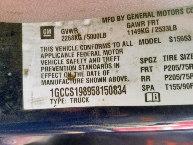 1GCCS198958150834 - 2005 CHEVROLET COLORADO BLUE photo 10