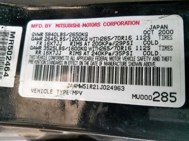 JA4MW51R21J024963 - 2001 MITSUBISHI MONTERO LI BLACK photo 10