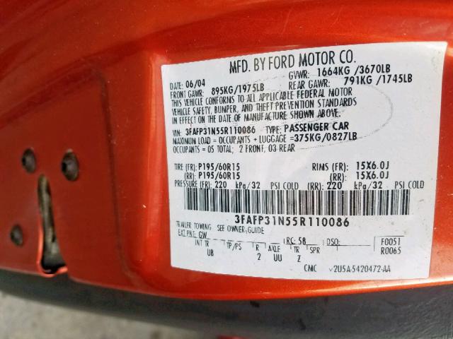 3FAFP31N55R110086 - 2005 FORD FOCUS ZX3 ORANGE photo 10