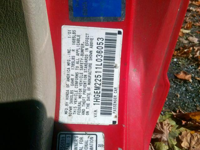 1HGEM22511L036053 - 2001 HONDA CIVIC LX RED photo 10