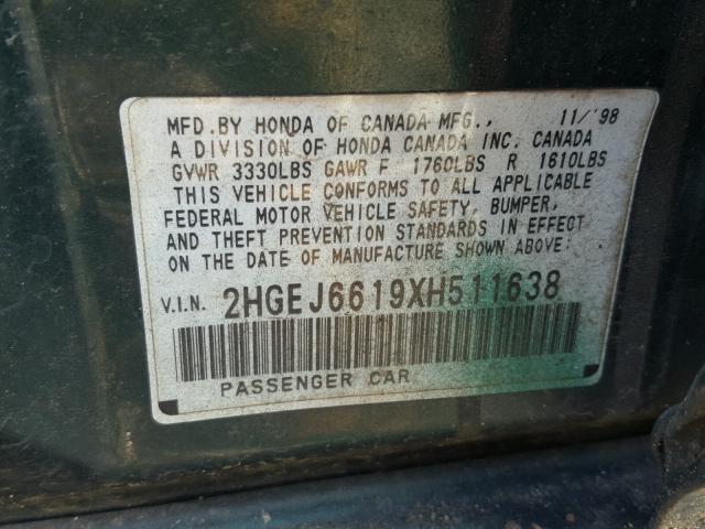 2HGEJ6619XH511638 - 1999 HONDA CIVIC BASE Yaşıl foto 10