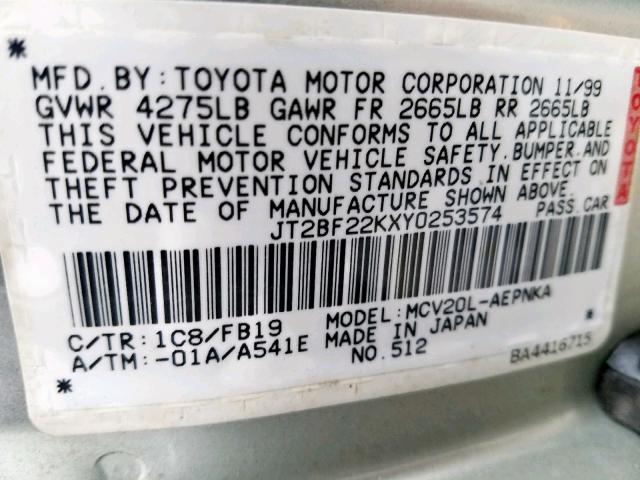 JT2BF22KXY0253574 - 2000 TOYOTA CAMRY CE SILVER photo 10