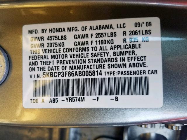 5KBCP3F86AB005814 - 2010 HONDA ACCORD EXL GOLD photo 10